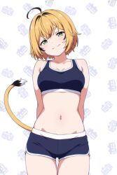 1girl absurdres arms_behind_back black_hair blonde_hair blue_shorts blue_sports_bra breasts collarbone commentary dolphin_shorts dooby_(vtuber) emmett english_commentary green_eyes head_tilt highres indie_virtual_youtuber looking_at_viewer medium_breasts mouse_tail multicolored_hair navel short_hair shorts smile smug solo sports_bra streaked_hair tail thick_eyebrows thigh_gap thighs v-shaped_eyebrows virtual_youtuber white_background white_hair