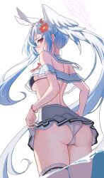 1girl absurdres alea ass bikini bikini_skirt blue_archive blush flower frilled_bikini frills from_behind hair_flower hair_ornament halo head_wings highres long_hair looking_at_viewer looking_back partially_submerged patanda purple_halo single_head_wing single_wing solo suzumi_(blue_archive) swimsuit white_background wings