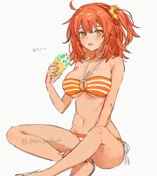 1girl :p artist_name bare_arms bare_legs bare_shoulders bikini breasts command_spell crossed_legs fate/grand_order fate_(series) food fujimaru_ritsuka_(female) fujimaru_ritsuka_(female)_(brilliant_summer) hair_ornament hair_scrunchie halterneck highres holding holding_food holding_ice_cream ice_cream looking_at_viewer medium_breasts o-ring orange_eyes orange_hair ribbon scrunchie sitting sketch solo striped_bikini striped_clothes swimsuit tan tongue tongue_out wari_gorilevel