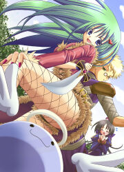 1boy 2000s_(style) 2girls alto_seneka archangeling armor ass assassin_(ragnarok_online) bad_id bandages bandages_over_clothes black_hair black_shorts blonde_hair blue_dress blue_eyes blue_sky coat commentary_request dagger dated_commentary day dress feet_out_of_frame fishnet_pantyhose fishnets from_below fur-trimmed_coat fur-trimmed_shorts fur_trim glasses green_hair hair_ornament heart heart_hair_ornament holding holding_dagger holding_knife holding_weapon juliet_sleeves knife long_hair long_sleeves looking_at_viewer multiple_girls open_mouth outdoors pantyhose pauldrons pince-nez priest_(ragnarok_online) puffy_sleeves purple_shirt ragnarok_online red_coat red_nails rogue_(ragnarok_online) rusty_soul shirt short_shorts short_sleeves shorts shoulder_armor signature sky sleeveless sleeveless_shirt slime_(creature) smile weapon yellow_eyes
