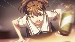 Rule 34 | 1girl, angry, blue bow, blue skirt, bow, brown eyes, brown hair, chest bow, chuo tanegashima high school uniform, collarbone, cropped shirt, dutch angle, fukuda tomonori, game cg, hair between eyes, hands on table, high-waist skirt, high ponytail, highres, motion blur, non-web source, official art, open mouth, pleated skirt, ponytail, ponytail with braided base, robotics;notes, sailor collar, school uniform, senomiya akiho, shirt, short sleeves, skirt, solo, teeth, tongue, upper teeth only, white sailor collar, white shirt, wide-eyed