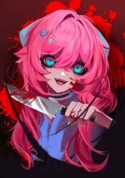 1girl :d blood blood_on_face blue_eyes blue_hoodie commentary commission english_commentary fif_228 highres holding holding_knife hood hoodie knife looking_at_viewer open_mouth original pink_hair red_theme smile solo tareme yandere