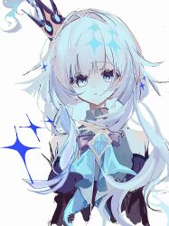 1girl aqua_eyes bare_shoulders blue_bow blue_gemstone blunt_bangs bow cerydra_(honkai:_star_rail) collared_shirt commentary_request crown detached_sleeves diamond-shaped_pupils diamond_(shape) gem hair_ornament head_tilt highres honkai:_star_rail honkai_(series) long_hair long_sleeves parted_lips sh_senni shirt simple_background sketch sleeveless solo symbol-shaped_pupils upper_body wavy_hair white_background white_hair