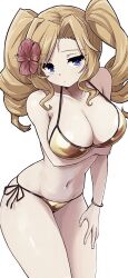 1girl alternate_color bikini blonde_hair blue_eyes blush bracelet breasts cleavage cowboy_shot drill_hair flower gold_bikini hair_ornament highres honolulu_(kancolle) honolulu_(swimsuit)_(kancolle) jewelry kantai_collection large_breasts long_hair looking_at_viewer navel open_mouth side-tie_bikini_bottom simple_background solo swimsuit twin_drills twintails unagiman wet_face white_background