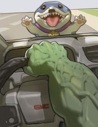 1boy absurdres animal_collar chad_driver_(meme) collar colored_skin driving facial_hair green_skin highres holding_steering_wheel hulk jeff_(marvel) marvel marvel_rivals meme mustache pacpoi road shark sharp_teeth teeth