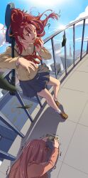 2girls ? absurdres alternate_costume apple blue_sky bocchi_the_rock! bow bowtie brown_footwear brown_sailor_collar brown_shirt buttons carrying_over_shoulder chensilu17810 city cloud crossover cube_hair_ornament day eating electric_guitar eyelashes floating_clothes floating_hair food fruit full_body gotoh_hitori grey_skirt guitar hair_ornament highres holding holding_food holding_fruit holding_money instrument jacket layered_sleeves long_hair long_sleeves looking_at_viewer lying mahou_shoujo_madoka_magica mahou_shoujo_madoka_magica_(anime) miniskirt money multiple_girls on_stomach one_side_up open_mouth outdoors pink_hair pink_jacket pleated_skirt ponytail railing red_bow red_bowtie red_eyes red_hair rooftop sailor_collar sakura_kyoko school_uniform shirt shoes shuka_high_school_uniform skirt sky socks sun tile_floor tiles track_jacket trembling upper_body uwabaki very_long_hair white_socks wind