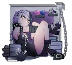 1girl arm_strap black_arm_warmers black_boots black_dress black_hair black_horns black_nails book book_stack boots breasts chain claw_(weapon) cleavage closed_mouth dress eizuremon grey_hair highres hololive hololive_english horns jewelry large_breasts long_hair moai_(koseki_bijou) multicolored_hair ribbon ring scissors shiori_novella shiori_novella_(1st_costume) solo split-color_hair striped_arm_warmers two-tone_hair virtual_youtuber weapon white_ribbon yarn yarn_ball yellow_eyes yorick_(shiori_novella)
