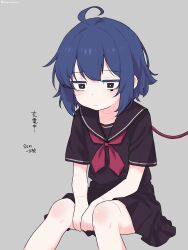 1girl black_serafuku blue_hair charging_person closed_mouth highres knees original school_uniform semicolonize serafuku solo square_pupils