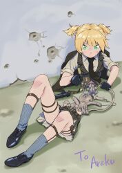 1girl android bisected black_necktie black_shoes blonde_hair bullet_hole cable collared_shirt commission commissioner_upload crack damaged disassembly exposed_internal_machinery formal_clothes full_body gloves green_eyes holding holding_screwdriver jacket knees lying machinery maintenance mechabare necktie original pleated_skirt repairing screwdriver second-party_source shirt shoes short_hair skeb_commission skirt socks solo sweatdrop twintails vanillaklein