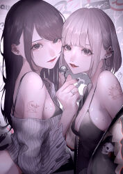 Rule 34 | 2girls, absurdres, aegyo sal, barbell piercing, bare shoulders, black bra, black camisole, black eyes, black jacket, black nails, bra, breasts, brown hair, camisole, candy, cleavage, closed mouth, commentary request, crescent tattoo, cropped sweater, ear chain, ear piercing, earrings, eyelashes, eyeliner, flower ring, food, from side, glitter makeup, grey hair, grey sweater, heads together, highres, holding, holding candy, holding food, holding lollipop, jacket, jacket partially removed, jewelry, letterman jacket, linked piercing, lipstick, lollipop, long hair, long sleeves, looking at viewer, makeup, mano aaa, medium breasts, mole, mole on breast, multiple girls, nail polish, off-shoulder sweater, off shoulder, original, parted lips, piercing, red lips, short hair, shoulder tattoo, single sidelock, stud earrings, sun symbol, sun tattoo, sweater, swept bangs, tan, tattoo, torn clothes, torn sweater, underwear, upper body, whale tattoo, yuri, zipper