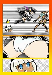 2girls animal_ears ass black_hair cat_ears cat_girl cat_tail comic dark-skinned_female dark_skin detachable_head disembodied_head emakisa extra_mouth female_focus filia_(skullgirls) futakuchi-onna headless md5_mismatch ms._fortune_(skullgirls) multiple_girls panties pantyshot samson_(skullgirls) scar severed_head skullgirls smile tail thighhighs underwear upskirt white_hair white_panties