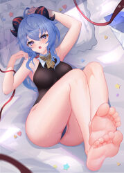 1girl absurdres ahoge arm_up armpits arms_up bare_arms bare_legs bare_shoulders barefoot bed bell black_leotard blue_hair blue_nails blush breasts cowbell feet feet_up foot_focus full_body furrowed_brow ganyu_(genshin_impact) genshin_impact goat_horns hair_between_eyes highleg highleg_leotard highres horns jewelry legs leotard leotard_under_clothes lml long_hair looking_at_viewer lying medium_breasts nail_polish neck_bell on_back open_mouth pillow purple_eyes sidelocks soles solo thick_thighs thighlet thighs toes tongue