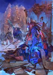 absurdres animal_ear_fluff animal_ears bare_shoulders barefoot blue_coat blue_dress coat denchou dress flower fox_ears furry furry_female furry_male glasses hair_flower hair_ornament highres holding holding_weapon hood hood_down horns kneeling long_hair medium_hair original polearm reading red_hair sandals scenery spear tail tail_flower tail_ornament weapon
