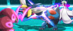 artist_name battle blocking blue_skin bob_cut colored_skin dress elbow_gloves game_freak gardevoir gen_2_pokemon gen_3_pokemon gen_5_pokemon gloves green_hair hair_over_one_eye heracross insect_wings mega_gardevoir mega_heracross mega_pokemon mega_swampert mgx0 nintendo no_feet pokemon pokemon_(creature) pokemon_xy scolipede screenshot_background strapless strapless_dress swampert white_dress white_gloves white_skin wings