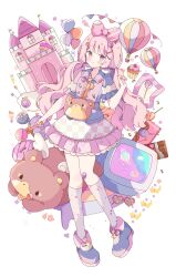 1girl absurdres aircraft bandaid bandaid_on_knee bandaid_on_leg blue_boots blush boots bow candy castle checkered_clothes checkered_skirt chocolate chocolate_bar closed_mouth collared_shirt cupcake fold-over_boots food frilled_skirt frills full_body hair_bow hand_up heart heart-shaped_bandaid heart-shaped_eyewear highres holding holding_wand hot_air_balloon kneehighs lollipop long_hair looking_at_viewer original pink_bow pink_eyes pink_hair pink_skirt pleated_skirt purple_shirt shirt short_sleeves simple_background skirt smile socks solo standing striped_bow sunglasses tsukiyo_(skymint) wand white_background white_socks