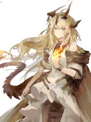 1girl ahoge aqua_eyes arknights bare_shoulders blonde_hair brown_horns brown_pantyhose chixufankunzhong closed_mouth commentary cowboy_shot dress expressionless fire floating_hair hair_between_eyes highres horns long_hair looking_at_viewer magic off_shoulder pantyhose pyrokinesis reed_(arknights) reed_the_flame_shadow_(arknights) simple_background sketch solo standing symbol-only_commentary tail white_background white_dress