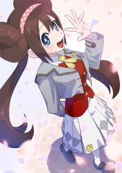 1girl :d blue_eyes brown_hair brown_shoes cropped_jacket double_bun full_body grey_jacket hair_bun hairband jacket long_hair long_sleeves looking_at_viewer nintendo official_alternate_costume open_clothes open_jacket open_mouth pleated_skirt pokemon pokemon_masters_ex red_vest rosa_(academy)_(pokemon) rosa_(pokemon) school_uniform shoes skirt smile solo twintails very_long_hair vest waving yachi_(fujiyasu0616)