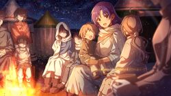 1other 3boys 5girls ahoge blue_hair blurry blurry_foreground boots brown_boots brown_eyes brown_hair child commentary_request faceless faceless_female faceless_male fire game_cg hood hood_up idolmaster idolmaster_(classic) idolmaster_million_live! idolmaster_million_live!_theater_days kisaragi_chihaya lens_flare long_hair long_sleeves low_ponytail multiple_boys multiple_girls night official_art open_mouth outdoors ponytail robe scarf short_hair sitting sitting_on_lap sitting_on_person sky smile star_(sky) starry_sky tent third-party_source