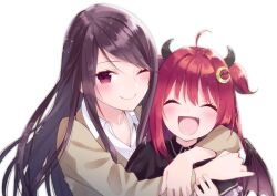 Rule 34 | ^ ^, ahoge, black hair, black horns, black shirt, black wings, blush, brown jacket, closed eyes, closed mouth, collared shirt, commentary request, crescent, crescent hair ornament, curved horns, fang, gundou mirei, hair ornament, happy, highres, hijiki (hijikini), horns, hug from side, jacket, long hair, long sleeves, nijisanji, one eye closed, open mouth, parted bangs, purple eyes, red hair, shirt, simple background, skin fang, small horns, smile, straight hair, upper body, virtual youtuber, white background, white shirt, wings, yuzuki roa