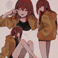 1girl :p alternate_costume black_shirt black_shorts blush bright_pupils brown_jacket cheek_pinching commentary dot_nose hair_between_eyes heart highres hood hooded_jacket jacket long_hair looking_at_viewer looking_back makise_kurisu multiple_views one_eye_closed pinching purple_eyes red_hair shirt shorts sidelocks simple_background small_sweatdrop speech_bubble steins;gate suehiroch0 tongue tongue_out translation_request turning_head watermark white_background white_pupils