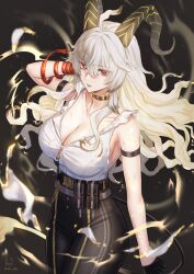 1girl absurdres arm_strap artist_logo bare_shoulders black_choker black_gloves black_horns black_pants black_tail blonde_hair breasts bright_pupils choker collarbone commentary_request cowboy_shot curled_horns dobu_jelly gloves hair_between_eyes high-waist_pants highres horns large_breasts logo long_hair looking_at_viewer necktie necktie_around_wrists pants parted_lips red_eyes red_necktie shirt shirt_tucked_in solo torn_clothes torn_shirt white_pupils white_shirt wuthering_waves zani_(wuthering_waves)