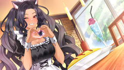 1girl absurdres animal_ear_fluff animal_ears apron black_dress black_hair black_ribbon breasts cat_ears cat_girl cleavage dress drink drinking_straw food heart heart_hands highres ketchup_bottle landacdeus large_breasts long_hair maid_headdress mole mole_on_breast mole_under_eye multiple_moles nijisanji nijisanji_en omelet omurice one_eye_closed plate red_nails ribbon scarle_yonaguni second-party_source smile solo two-tone_nails virtual_youtuber white_apron white_nails white_wrist_cuffs wrist_cuffs