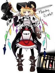 1girl absurdres alternate_costume armor black_boots black_helmet blonde_hair boots character_name closed_mouth commentary english_commentary flandre_scarlet full_body helmet highres holding holding_shield holding_sword holding_weapon knight long_hair looking_at_viewer multiple_views ougiikun red_eyes shield simple_background standing sword touhou weapon white_background wings