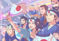 Rule 34 | &gt; &lt;, 1girl, 6+boys, :d, ^ ^, aqua kimono, aubergrin, beard, beard stubble, black eyes, blonde hair, blue kimono, blue shirt, blurry, blurry background, brown hair, cellphone, cheering, clenched hands, closed eyes, closed mouth, collarbone, commentary request, confetti, crew neck, curtained hair, facial hair, facial mark, facial scar, flag, flag print, ghost of tsushima, goatee, grin, hair bun, hair pulled back, hand up, hands up, headband, highres, holding, holding flag, holding phone, japanese clothes, japanese flag, japanese flag print, jersey, jumping, khotun khan, kimono, light rays, long hair, looking ahead, lord shimura, medium hair, mole, mole under eye, multiple boys, mustache, mustache stubble, naruto (series), open clothes, open kimono, open mouth, orange pants, pants, parted bangs, phone, ponytail, print headband, ryuzo (ghost of tsushima), sakai jin, scar, scar on cheek, scar on face, shirt, short hair, sidelocks, single hair bun, smile, stadium, stadium lights, sticker on face, striped clothes, striped kimono, stubble, sweatdrop, taka (ghost of tsushima), teeth, upper body, uzumaki naruto, vertical-striped clothes, vertical-striped kimono, very short hair, whisker markings, yuna (ghost of tsushima)