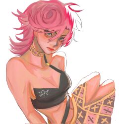 1girl bare_shoulders black_skirt black_tank_top blue_eyes breasts checkered_clothes checkered_skirt choker commentary english_commentary highres jojo_no_kimyou_na_bouken kayatyun long_skirt medium_hair multicolored_skirt pink_hair pink_skirt skirt small_breasts tank_top trish_una vento_aureo yellow_skirt