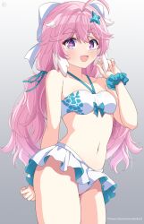 1girl :d absurdres ahoge bikini bikini_skirt blush collarbone encore_(wuthering_waves) flower gradient_background hair_flower hair_ornament helvetica_std highres long_hair looking_at_viewer multicolored_hair navel open_mouth pink_hair purple_eyes sidelocks simple_background smile solo standing stomach swimsuit symbol-shaped_pupils thick_eyebrows thighs two-tone_hair very_long_hair white_background white_hair wuthering_waves
