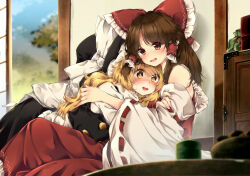 2girls apron bag black_hat black_skirt black_vest blonde_hair blue_sky blurry blurry_background blurry_foreground blush bow brown_eyes brown_hair commentary_request cookie cuddling cup day depth_of_field detached_sleeves drawer fingernails food friends frilled_apron frilled_bow frilled_hair_tubes frilled_shirt_collar frills hair_between_eyes hair_bow hair_tubes hakurei_reimu hat hat_ribbon hug indoors kirisame_marisa long_hair long_skirt lying meji_aniki multiple_girls on_stomach open_mouth pink_nails red_bow red_shirt ribbon ribbon-trimmed_sleeves ribbon_trim shirt sitting skirt skirt_set sky sleeveless sleeveless_shirt sliding_doors smile swept_bangs teacup touhou tree turtleneck very_long_hair vest waist_apron white_ribbon white_sleeves wide_sleeves witch_hat yellow_eyes yuri