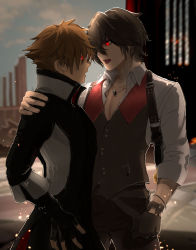 2boys black_gloves brown_vest code_vein collared_shirt fang fingerless_gloves gloves glowing glowing_eyes hair_over_one_eye hand_on_another&#039;s_shoulder highres jewelry long_sleeves louis_(code_vein) multiple_boys necklace open_mouth protagonist_(code_vein) red_eyes ruo_candyyyy shirt short_hair teeth vampire vest