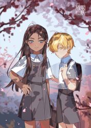 1boy 1girl absurdres aged_down alien_stage backpack bag black_bag blonde_hair branch brown_hair buttons cherry_blossoms child chinese_commentary collared_shirt colored_eyelashes commentary_request dark-skinned_female dark_skin double-breasted dress grey_dress grey_eyes grey_shorts hair_over_one_eye hand_on_own_hip highres hyuna_(alien_stage) long_hair luka_(alien_stage) penzai_fengli pinafore_dress shirt short_hair short_sleeves shorts sleeveless sleeveless_dress very_long_hair very_short_hair white_shirt yellow_eyes