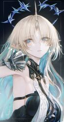 1girl absurdres black_collar black_dress blonde_hair blue_eyes blue_hair breast_curtains breasts collar colored_inner_hair commentary crown_of_thorns dress earrings english_commentary fleurdelys_(wuthering_waves) floating_earrings highres horns jewelry large_breasts long_hair looking_afar multicolored_hair necklace parted_bangs parted_lips pointy_ears renoahh single_horn solo upper_body very_long_hair wuthering_waves yellow_horns