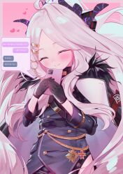 1girl ^_^ absurdres ahoge armband black_gloves black_horns black_jacket blue_archive blush border buttons cellphone closed_eyes closed_mouth coat coat_on_shoulders commentary_request cowboy_shot demon_girl demon_horns double-breasted floating_hair forehead fur-trimmed_coat fur_trim gloves grey_hair hair_ornament hairclip hands_up happy heart highres hina_(blue_archive) holding holding_phone horns jacket long_hair long_sleeves nekono_moni outside_border parallel_hairclips parted_bangs phone pink_background pink_border polka_dot polka_dot_background red_armband sidelocks simple_background smartphone smile solo speech_bubble text_messaging translation_request very_long_hair