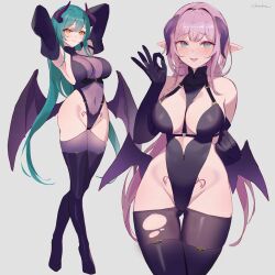 armpits artist_name black_gloves black_thighhighs blue_eyes blush breasts chowbie cleavage commentary covered_navel demon_girl demon_horns demon_wings elbow_gloves english_commentary fellatio_gesture full_body gloves green_hair horns large_breasts leotard long_hair original pink_hair pointy_ears pubic_tattoo revealing_clothes see-through_clothes simple_background tattoo thighhighs tongue white_background wings yellow_eyes