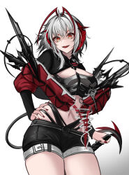 1girl absurdres antennae arknights belt belt_buckle black_shirt black_shorts buckle cowboy_shot crop_top demon_girl demon_tail grey_belt hand_on_own_hip highres horns jacket looking_at_viewer midriff myb52 nail_polish navel open_mouth orange_eyes red_horns red_jacket red_nails revision shirt short_shorts shorts smile solo standing stomach tail teeth thigh_belt thigh_strap upper_teeth_only w_(arknights) wis&#039;adel_(arknights)