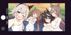 4girls animal_ears black_hair blush bow braid breasts brown_hair collarbone curren_chan_(umamusume) fang feeri hair_bow horns kitasan_black_(umamusume) letterboxed long_hair multicolored_hair multiple_girls naked_towel one_eye_closed open_mouth purple_eyes red_eyes red_hair satono_diamond_(umamusume) short_hair smile streaked_hair sweep_tosho_(umamusume) towel umamusume