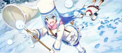 Rule 34 | 2girls, :d, aqua (konosuba), black boots, black horns, blue eyes, blue hair, blush, boots, bottle, box, breath, butterfly net, coat, double-parted bangs, dutch angle, faceplant, feathers, footprints, game cg, gloves, hair down, hand net, hat, highres, holding, holding butterfly net, horns, kono subarashii sekai ni shukufuku wo!, konosuba! fantastic days, long hair, lying, megumin, multiple girls, official art, on stomach, open mouth, outdoors, red scarf, robe, running, scarf, smile, snow, snowball, snowing, thighhighs, third-party source, tree, white boots, white coat, white gloves, white hat, white robe, white thighhighs, winter clothes, yellow feathers