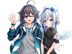 2girls ahoge amane_kanata amane_kanata_(work) angel angel_wings beret black_dress blue_eyes blue_hair blue_jacket blush closed_mouth collared_shirt commentary_request creator_connection dress grey_hair grey_sweater_vest hair_intakes hair_ornament hairpin hat highres hololive hood hooded_jacket jacket medium_hair multiple_girls nijisanji official_alternate_costume one_eye_closed open_mouth purple_eyes purple_hair school_uniform shirt smile sorahoshi_kirame sorahoshi_kirame_(1st_costume) sweater_vest tamba_i virtual_youtuber white_hat white_shirt wings