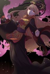 1girl artist_request bad_id bad_pixiv_id beads belt black_background black_dress black_hat breasts brown_hair chinese_clothes crescent crescent_print dalachi_(headdress) dress energy fingernails fox_print gradient_background grey_background hair_between_eyes hands_up hat junko_(touhou) long_fingernails long_hair long_sleeves looking_at_viewer mandarin_collar medium_breasts nail_polish neck_ribbon phoenix_print purple_belt red_eyes red_nails red_tabard ribbon simple_background smile solo standing tabard tassel teeth touhou wavy_hair wide_sleeves yellow_ribbon