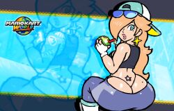 1girl ass backwards_hat baseball_cap blonde_hair blue_eyes brycecarringto5 butt_crack coconut earrings eyewear_on_head fingerless_gloves g-string gloves hat huge_ass jewelry leggings looking_back mario_(series) mario_kart mario_kart_world nintendo rosalina rosalina_(touring) solo sports_bra star_(symbol) star_earrings sunglasses thong white_gloves