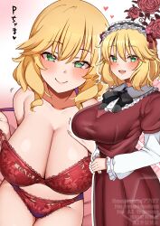 1girl absurdres aged_up bare_shoulders black_bow black_bowtie black_hairband blonde_hair blush bow bowtie bra breasts cleavage collarbone dress frilled_hairband frills green_eyes hairband highres idolmaster idolmaster_cinderella_girls large_breasts long_sleeves looking_at_viewer mabanna medium_hair open_mouth panties red_bra red_dress red_panties sakurai_momoka smile thighs underwear wavy_hair