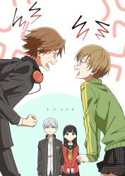 Rule 34 | ..., 2boys, 2girls, amagi yukiko, anger vein, black hair, black jacket, black pants, black sailor collar, brown eyes, brown hair, clenched hand, closed mouth, collared shirt, commentary request, green jacket, hairband, hanamura yousuke, headphones, headphones around neck, highres, houndstooth, jacket, long hair, multiple boys, multiple girls, narukami yu, neckerchief, open mouth, pants, persona, persona 4, red hairband, sailor collar, satonaka chie, school uniform, serafuku, shirt, short hair, simple background, skirt, tansansui udon, white shirt, yasogami school uniform, yellow neckerchief
