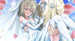 1boy 1girl :d bare_shoulders blue_sky blush bridal_veil bride brown_eyes carrying carrying_person cloud collarbone collared_shirt couple day dress elbow_gloves falling_petals flower formal_clothes gloves grey_eyes grey_hair groom hair_between_eyes hair_bun hair_flower hair_ornament hairclip head_out_of_frame hetero highres jacket jewelry masamune_mino minowa_gin necklace necktie off-shoulder_dress off_shoulder open_mouth outdoors petals princess_carry ring rose shirt short_hair single_hair_bun sky smile solo_focus strapless strapless_dress suit sweat sweatdrop thighhighs tuxedo veil washio_sumi_wa_yuusha_de_aru wedding wedding_dress wedding_ring white_dress white_flower white_gloves white_necktie white_rose white_suit white_thighhighs yuusha_de_aru