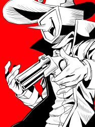 1boy ant_tenna ant_tenna_(shootout) belt cowboy_hat cowboy_shot crt deltarune fangs gloves greyscale_with_colored_background gun hands_up hat highres holding holding_gun holding_weapon iagura_gura male_focus object_head official_alternate_costume open_mouth pointy_nose scarf shirt shirt_tucked_in smile solo vest weapon