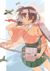 1girl aircraft airplane bow_(weapon) brown_eyes brown_gloves brown_hair dutch_angle flight_deck gloves green_hakama hakama hakama_short_skirt hakama_skirt headband hiryuu_(kancolle) holding holding_bow_(weapon) holding_weapon japanese_clothes kantai_collection kimono looking_to_the_side mitsuyo_(mituyo324) orange_kimono partially_fingerless_gloves partly_fingerless_gloves short_hair single_glove skirt solo weapon yugake