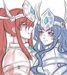 2girls armor blue_eyes blue_hair blush eiyuu_densetsu embarrassed ennea_(sen_no_kiseki) highres ines_(eiyuu_densetsu) long_hair long_sidelocks multiple_girls ponytail red_hair sen_no_kiseki_(series) shiruuruu sidelocks simple_background sketch smile white_background