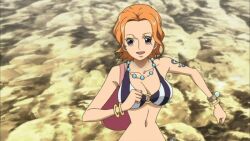 animated animated_gif anime_screenshot bikini bouncing_breasts bracelet breasts jewelry large_breasts log_pose nami_(one_piece) navel necklace one_piece one_piece:_strong_world orange_hair running shoulder_tattoo smile striped_bikini striped_clothes swimsuit tattoo