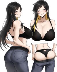 absurdres alternate_costume ass binah_(project_moon) black_bra black_hair black_panties blonde_hair bra breasts denim earrings highres jeans jewelry large_breasts library_of_ruina multicolored_hair panties pants project_moon putting_on_legwear underwear vvernerluniq